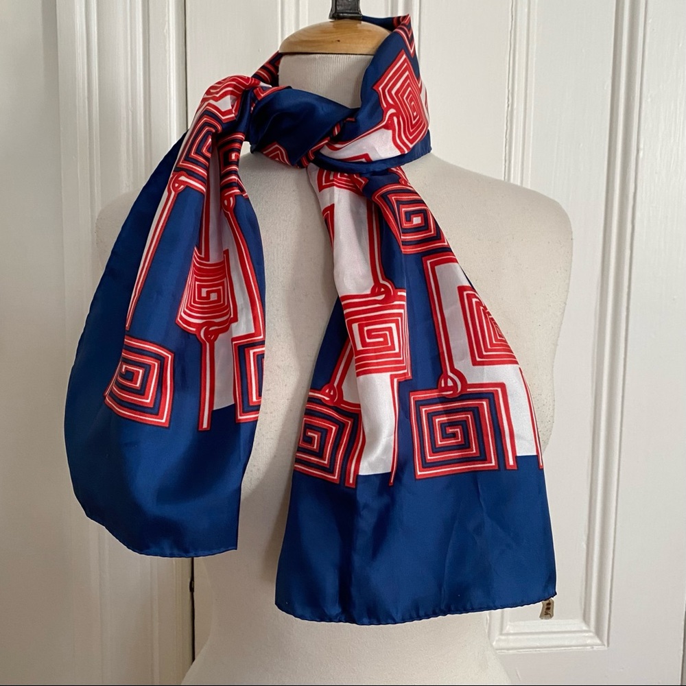 Vintage 70s Sillook Long Scarf Red White & Navy Blue Geometric 15" x 46" - Picture 13 of 15
